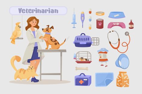 Free Vector | Veterinarian tools cartoon illustration set. female vet examining happy dog. pills, food, thermometer, stethoscope, first-aid kit, pet carrier. profession, occupation, job, equipment concept Veterinarian Illustration, Vet Illustration, Pets Preschool Theme, Community Workers, Food Thermometer, Pet Vet, Powerpoint Presentation Design, In The Zoo, Vet Clinics