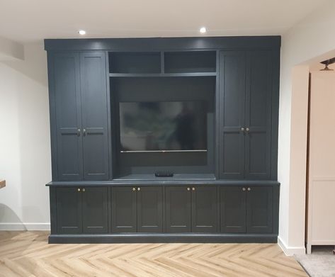 Tv Wall Cupboard Ideas, Built In Tv Wall Unit With Cupboards, Media Wall With Storage Cupboards, Living Room Hidden Storage, Media Wall With Storage, Tv Solutions, Built In Tv Wall Unit, Media Wall Unit, Tv Media Unit