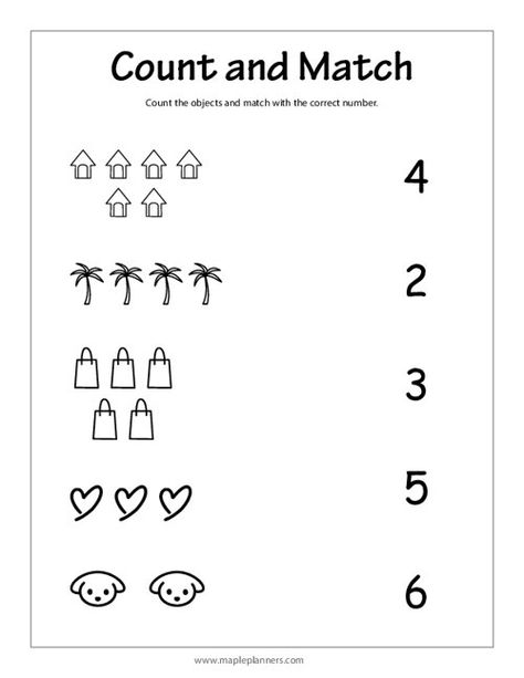 Count and Match Numbers - Free Printable Worksheets Match The Same Number Worksheet, Homework Worksheets For Preschool, Free Number Worksheets For Preschool, Match Numbers Worksheet, Maths Paper For Nursery, Number Concepts Activities, Matching Numbers Preschool, Free Preschool Worksheets Printables, Count And Match Worksheets 1-20