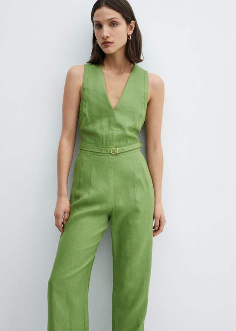 Belt linen jumpsuit -  Women | Mango USA Green Jumpsuit Outfit, Linen Suits Women, Flower Jumpsuit, Jumpsuit For Wedding Guest, Denim Short Jumpsuit, Jumpsuit With Belt, Tailored Jumpsuit, Dress Code Wedding, Colorful Jumpsuit