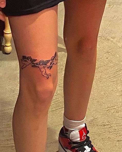 TRENDY FEMALE FASHION (@trendyff) • Instagram photos and videos Simple Leg Tattoos, Small Thigh Tattoos, Upper Leg Tattoos, Thigh Tattoo Men, Upper Thigh Tattoos, Cupid Tattoo, Thigh Tat, Leg Tattoo Men, Leg Tattoos Women