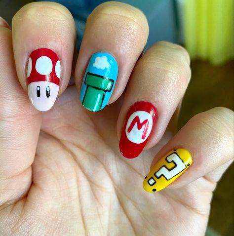 #marionails #marionailart #mysterybox #mario #mushroom #nailart #nails #nailsofinstagram #gelnails Mario Brother Nails, Mario Bro Nails, Super Mario Bros Nail Art, Video Game Nail Designs, Mario Cart Nails, Lego Nail Art, Super Mario Nails Art, Mario Inspired Nails, Mario Brothers Nails