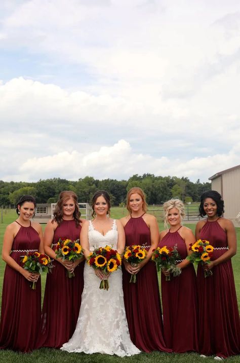 Rustic Glam Backyard Wedding $8K Budget – The Budget Savvy Bride Sunflower Bouquet Wedding Bridesmaid, Sunflower Burgundy Bouquet, Maroon Sunflower Wedding, Sunflower Wedding Bridesmaid Dresses, Sunflower Wedding Dress The Bride, Maroon And Sunflower Wedding, Sunflower Bridesmaid Dresses, Sunflower And Burgundy Wedding, Different Colored Bridesmaid Dresses