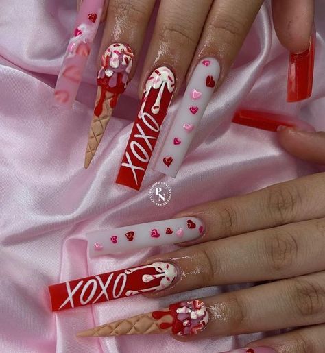 S Nails Designs, Valentines Nails Acrylic Coffin, Nails Design Valentines, Nail Design Valentine, Valentine Nails Design, Valentine Nails Designs, Valentines Nail Art Designs, Valentines Nail, Vday Nails