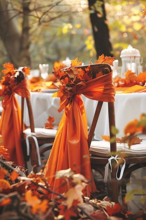 Fall Chair Covers, Autumn Themed Wedding Decorations, Autumn Wedding Isles Decoration, Fall Wedding Chair Decor, Fall Reception Ideas, End Of Aisle Wedding Decor, Pumpkin Themed Wedding, Fall Wedding Ceremony Decorations, Autumn Wedding Decor