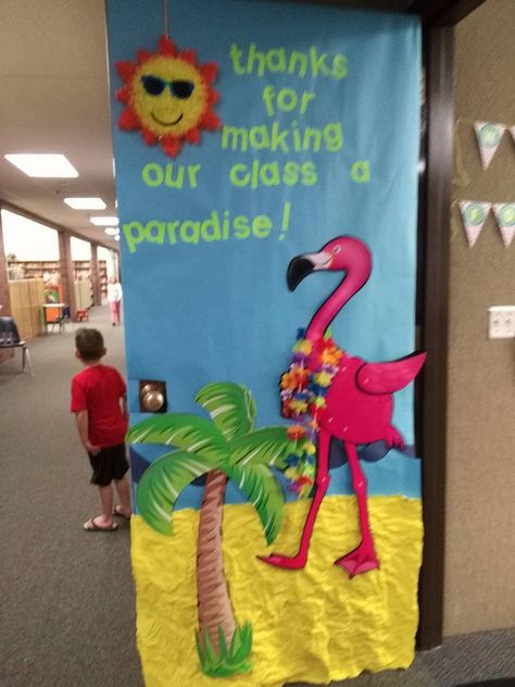 Teacher appreciation door beach theme Hawaiian Themed Door Decorations, Hawaiian Teacher Appreciation Door, Hawaiian Theme Classroom Door, Beach School Theme, Tropical Door Decorations, Hawaiian Classroom Door, Flamingo Door Decorations Classroom, Luau Door Decorations Classroom, Flamingo Teacher Appreciation