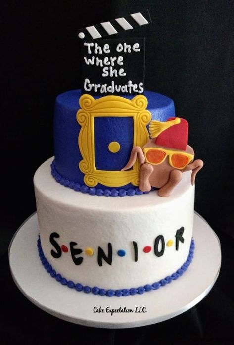 Friends Themed Graduation cake Graduation Friends Theme, The One Where She Graduates, Funny Graduation Cakes For High School, Graduation Party Cake Ideas High School, Open House Themes Graduation, Grad Party Cake Ideas, Farewell Cake Ideas Friends, Senior Cake Ideas, Graduation Cake 2023