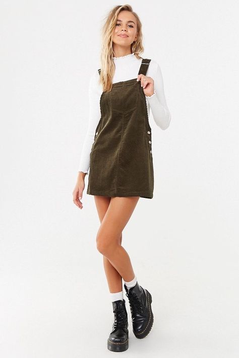 Thrift Lookbook, Overall Skirt Outfit, Dungarees Outfits, Maxi Dress Outfit Fall, Arizona Style, Corduroy Overall, Forever 21 Girls, Corduroy Overall Dress, Overall Skirt