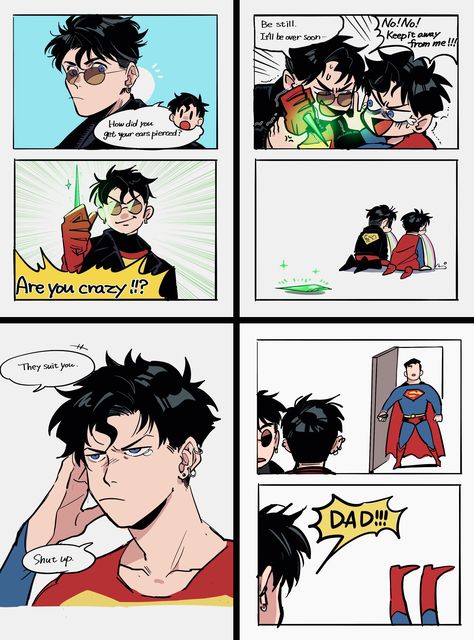 Superman And Jon Kent, Batman X Flash Fanart, Superbat Fanart Cute, Cassandra Cain X Conner Kent, Conner Kent Fanart, Superbat Comics, Superbat Fanart, Kon Kent, Dc Comics Funny