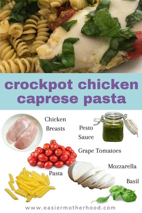 This easy caprese inspired pesto pasta dish preps in a snap- just add chicken, pesto, mozzarella, and grape or cherry tomatoes to your crockpot. When it's time to eat add in pasta and basil for a complete dinner perfect for busy weeknights. Crockpot Pesto Chicken, Tomato Basil Chicken Pasta, Grape Tomato Recipes, Chicken Caprese Recipe, Chicken And Pesto, Pesto Pasta Dishes, Chicken Basil Pasta, Tomato Basil Chicken, Pesto Mozzarella