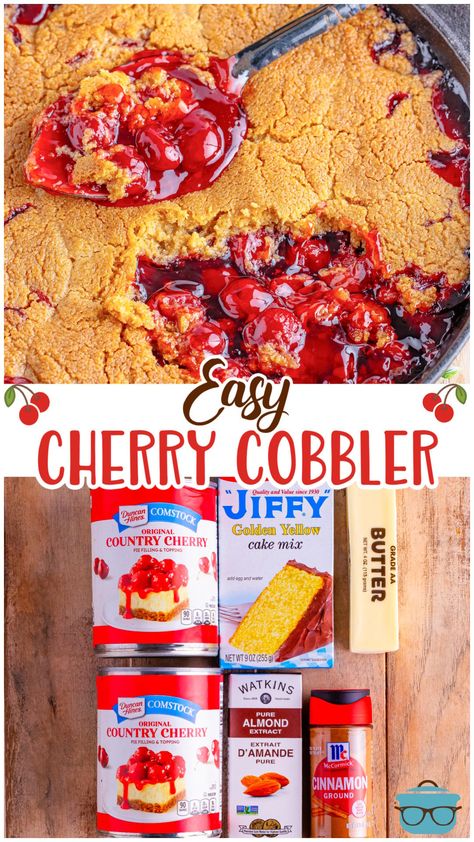 This Cherry Cobbler is a quick and easy cobbler recipe. Made with cherry pie filling and Jiffy yellow cake mix, it is a delicious dessert that is perfect topped with ice cream! Jiffy Cobbler Recipe, 7 Up Cherry Cobbler, Cherry Cobbler Recipe Pie Fillings, Jiffy Yellow Cake Mix Recipes, Cobblers Recipes Easy, Cherry Cobbler With Pie Filling, Easy Cobbler Recipes, Microwave Cherry Cobbler, Cherry Cobbler With Pie Filling And Pie Crust