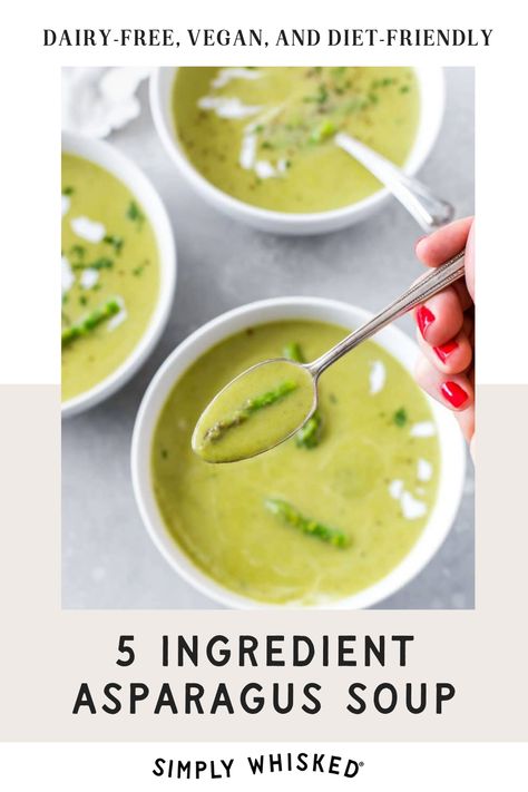 This creamy asparagus soup is my absolute favorite way to enjoy asparagus. It’s super easy to make and is dairy-free, vegan, and diet-friendly. Plus, you only need 5 ingredients to whip it up—it can't get much better than that! This recipe makes about 4 servings. Easy Asparagus Soup, Vegan Asparagus Soup, Asparagus Recipes Soup, Creamy Asparagus Soup, Asparagus Soup Recipe, Cream Of Asparagus Soup, Creamy Asparagus, Coconut Milk Soup, Shrimp Soup