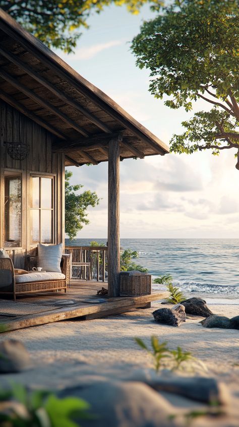 A cozy beachfront cabin with a deck by the ocean Cabins By The Sea, Seaside Cabin Aesthetic, Seaside Cottage Aesthetic, Ocean View Home Aesthetic, Four Seasons Surf Club, Ocean Cottage, Beach House Overlooking The Ocean, House In Hawaii Ocean Views, Coastal Cabin