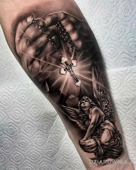 Polka Tattoo Designs, Mother Mary Tattoos, Forearm Cover Up Tattoos, Trash Polka Tattoos, Memorial Tattoo Ideas, Trash Polka Tattoo Designs, Polka Tattoo, Heaven Tattoos, Christ Tattoo