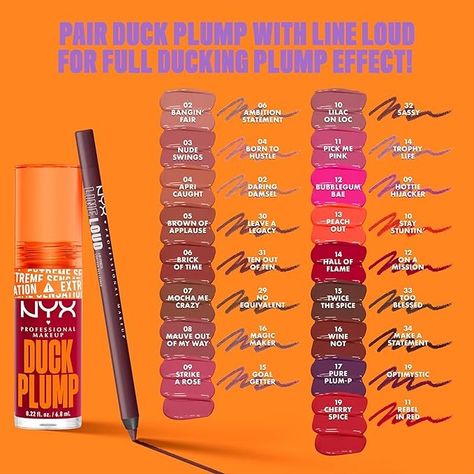 Caution! Caution! May cause duck lips! Get instant and overtime plumping for the ultimate injectionless pout with duck plump extreme sensation plumping gloss! No need for multiple layers! Get extreme high shine and high pigment payoff in an easy swipe. Maximum intense color with minimum effort. Nyx Plumping Lipgloss, Duck Plump Lip Gloss, Nyx Duck Plump, Duck Plump, Nyx Gloss, Duck Lips, Spiced Wine, Lip Tints, Nyx Lip