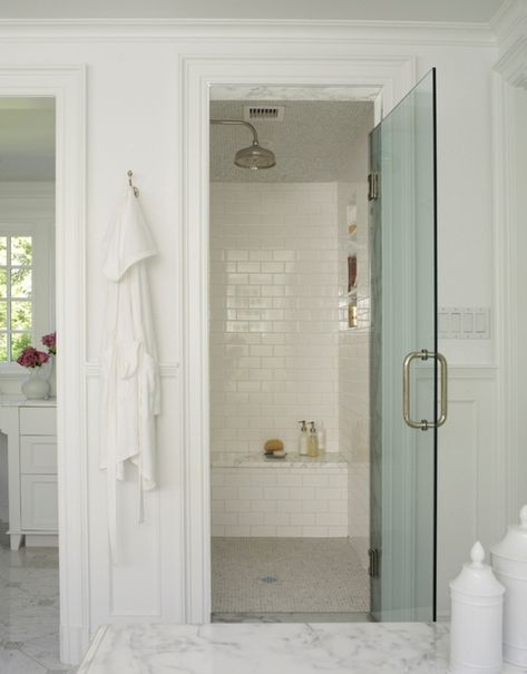 Nancy Meyers Bathroom, Michelle Gerson Interiors, Classy Cottage, Sunset Pastel, Live In The Sunshine, Pastel Trends, House Bathrooms, Primary Bath, Master Shower