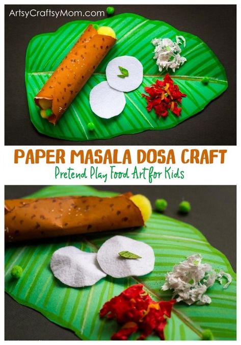 Not anyone has visited South India without trying a Masala Dosa, and we celebrate this iconic dish with a fun Masala Dosa Paper Craft that kids can put together in no time! Pizza Craft, Food Collage, Masala Dosa, Pin Interest, Indian Arts And Crafts, Food Art For Kids, Pretend Play Food, Food Activities, Pretend Food