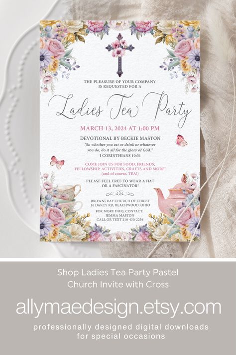 Holding a church fundraiser or social get together? This pretty pastel invite for a tea party with a cross and flowers is the perfect invite for your next event. Personalize the template through CORJL, an easy to use template editor that works in your web browser. Change the fonts and colors, download and print it through your office printer or your local printing shop! Go back and edit as many times as you want and get 8 downloads, ask for more downloads if needed. Women Tea Party Ideas, Womens Ministry Tea Party Ideas, Church Tea Party Ideas Women's Ministry, Womens Gathering, Church Ladies Tea Party, Ladies Tea Party, Church Tea Party, Women Party Ideas, Church Fundraisers