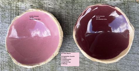 AC Pink. 0.03 chrome left, 0.3 chrome right | 30 Nepheline S… | Flickr Rose Quartz Glaze Combinations, Pink Glaze Recipe Ceramics, Pink Glaze Recipe, Raspberry Mirror Glaze, Mayco Glaze Rose Quartz, Purple Crystal Glaze, Ceramic Glazes, Ceramic Glaze Recipes, Ceramic Glaze