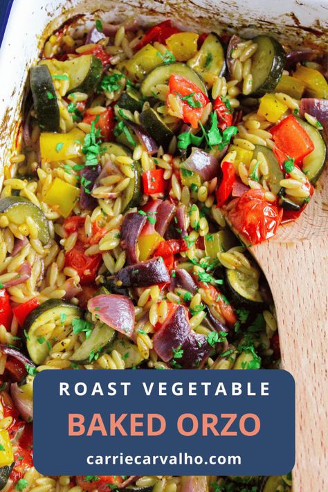 Baked Orzo with Roast Mediterranean Vegetables Orzo With Red Sauce, What To Do With Roasted Vegetables, Orzo With Zucchini And Tomato, Orzo Eggplant Recipe, Roasted Red Pepper Orzo, Vegetable And Ricotta Baked Orzo, Mediterranean Vegetable Recipes, Peppers Side Dish, Orzo Recipes Healthy