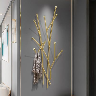 Modern 11-Hook Wall Mounted Coat Rack in Gold with Tree Branch Shape-Homary Luxury Entrance, Vstupná Hala, Hat Racks, Bathroom Wall Hanging, Modern Coat Rack, Coat Tree, Creative Bathroom, Hanger Design, Hanger Wall