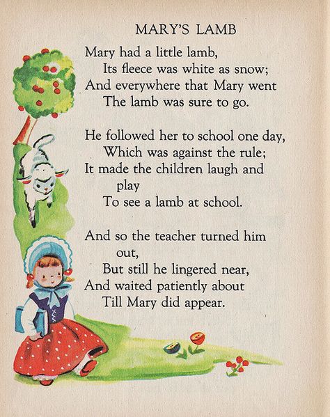 Mary's Lamb by Calsidyrose, via Flickr  illustrated by Esther Friend, 1947 Mary Had A Little Lamb Activities, Children Poems, Rhyming Preschool, Preschool Poems, Nursery Rhymes Poems, English Poems For Kids, Old Nursery Rhymes, Nursery Rhymes Lyrics, Childrens Poems