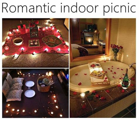 Romantic Dinner At Home Decorations Diy, Indoor Picnic Date, Romantic Home Dates, Romantic Dinner Decoration, Romantic Room Surprise, Night Picnic, Creative Date Night Ideas, Birthday Decorations At Home, Indoor Picnic