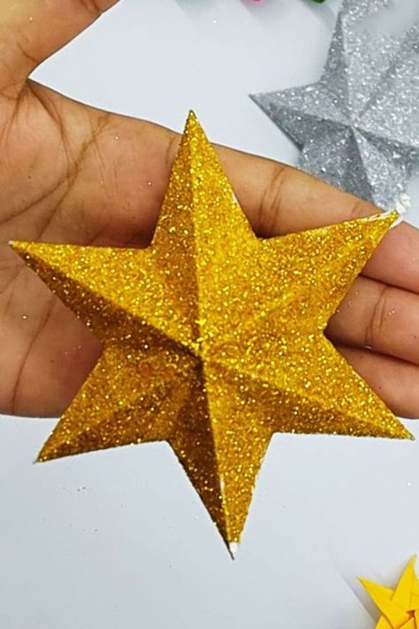 How to make christmas star with paper. Super easy christmas decoration idea .This christmas ornament is made of origami paper. #Star #Christmas #Ornament Star Making With Paper, Christmas Star Crafts, Star For Christmas, Glitter Paper Crafts, Foam Christmas Ornaments, Origami Christmas Ornament, Diy Christmas Star, Star Craft, Diy Christmas Decor