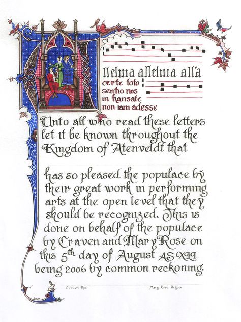 Performing Arts award scroll. Done by Diane Lynn (Angele Plaisance in the SCA) in 2006. Outer dimensions - 10" X 14" Based on Antiphonal the Resurrection 14th c Sca Scrolls, Gothic Quotes, Calligraphy Borders, Medieval Illumination, Medieval Pattern, Medieval Life, Ancient Books, Art And Literature, The Resurrection