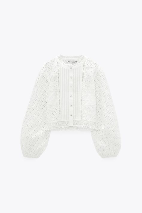 Zara Outlet, Embroidery Shirt, Cutwork Embroidery, Round Neck Shirt, Blouse Long Sleeve, Zara Shirt, Zara Blouse, Blouse Tops, Shirt Embroidery