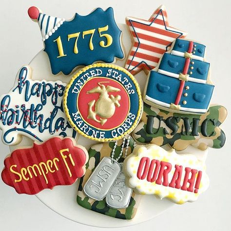 Happy Birthday Marine, Marine Corps Retirement, Happy Birthday Marines, Marine Corps Birthday, Flooding Cookies, Army Party, Cookie Cake Pie, Retirement Party Invitations, Cookie Inspiration