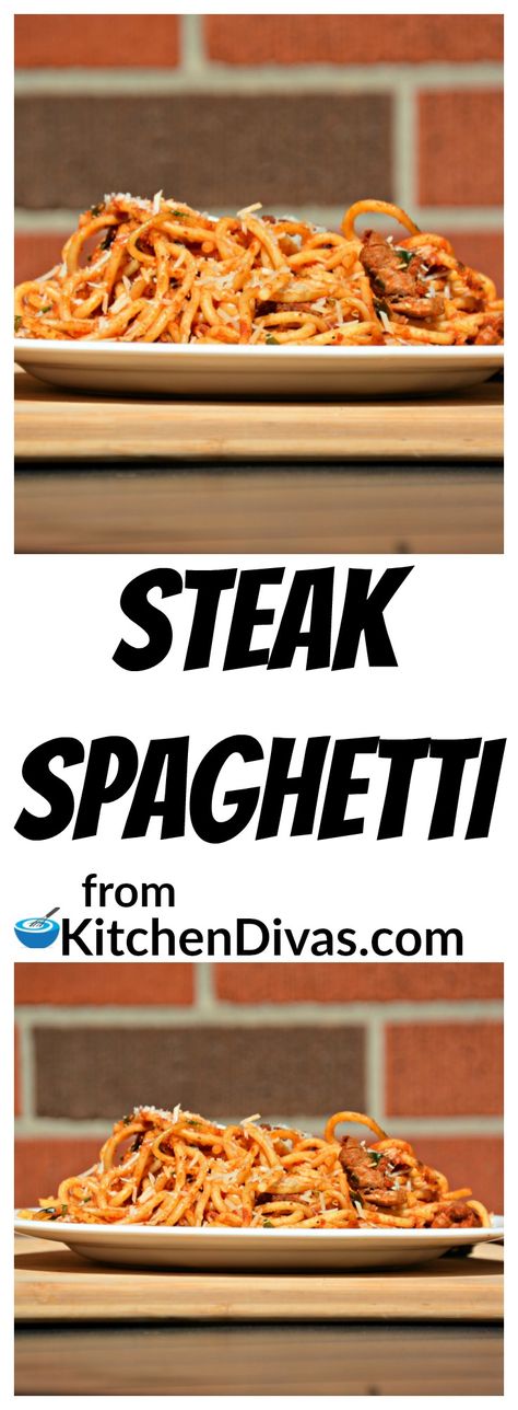 This is a fabulous way to make spaghetti! Ken's favorite actually! I think he likes to use any excuse to eat beef and this is his take on the classic. No meatballs, just steak. Totally delicious! Steak And Spaghetti, Steak Spaghetti, Cooked Pasta Recipes, Spaghetti Ingredients, Delicious Steak, Steak Pasta, Best Pasta Recipes, Eat Beef, Homemade Tomato Sauce