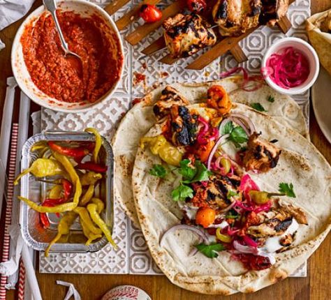 Turkish kebabs with tomato chilli sauce Chilli Sauce Recipe, Tomato Chilli Sauce, Turkish Kebab, Chicken Salads, Fruit Kebabs, Summer Chicken, Sharing Platters, Doner Kebab, Bbc Good Food