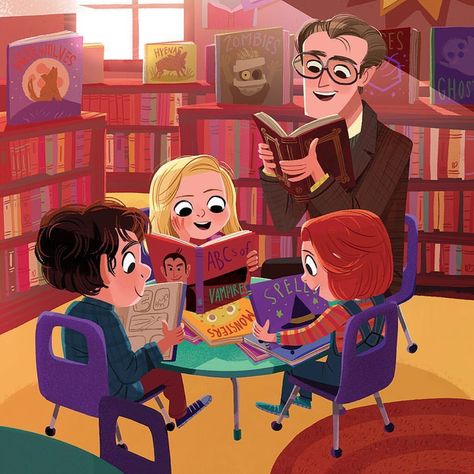 The back cover from the latest picture book I had the pleasure of working on, Buffy the Vampire Slayer. It’s the latest in the #popclassics series from @quirkbooks!I always loved the library scenes in the Buffy TV series. So many neat old books with... Kim Smith, Kids Animation, Environment Painting, Story Books Illustrations, 동화 삽화, Illustration Art Kids, Children Book Illustration, Picture Books Illustration, Kids Illustration