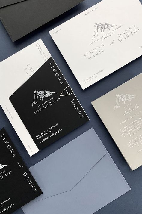 Black And White Mountain Wedding, Mountain Wedding Invitation, Ski Wedding Invitations, Pnw Wedding Invitations, Mountain Theme Wedding Invitations, Mountain Theme Wedding, Wedding Invitations Mountains, Wedding Invite Mountains, Black Tie Wedding Invitations