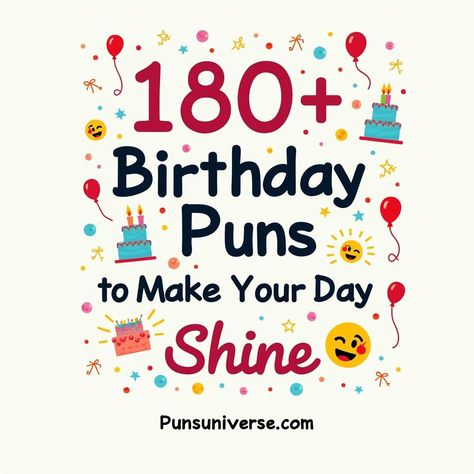 🎉 Feeling b-day bliss? We've got 180+ birthday puns that'll candle your excitement and icing on your party! From laugh-out-loud jokes to groan-worthy giggles, these gems are perfect for cards, captions, or cracking up your pals. Whether you're a "cake expert" or just in it for the "presents," you're bound to have a pun-derful time! 🥳 Get ready to sprinkle some joy and make every age 'pun-believable'. #puns #birthdayfun #funnybirthday #birthdaypuns #punnybirthday 

Let the laughter light up your day! 🌟 Crab Puns, Laugh Out Loud Jokes, Donut Pun, Birthday Card Puns, Birthday Puns, Birthday Jokes, Halloween Puns, Pineapple Birthday, Christmas Puns