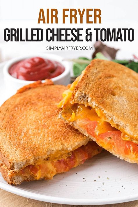 air fried grilled cheese and tomato sandwich on white plate with text overlay "air fryer grilled cheese and tomato". Air Fryer Tomatoes, Cheese And Tomato Sandwich, Air Fryer Grilled Cheese, Grilled Cheese With Tomato, Making Grilled Cheese, Cheese And Tomato, Small Tomatoes, Tomato Sandwich, Tomato And Cheese