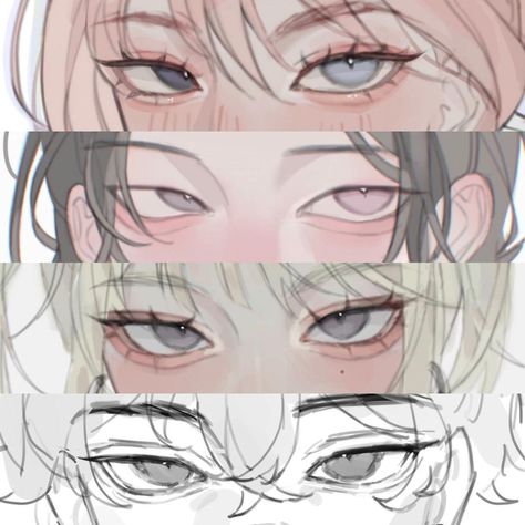 Eyes Poses Drawing, Face Close Up Drawing Reference, Eyes Drawing Makeup, Eyes Drawing Inspiration, Illustration Eyes Design, Hair Front Drawing, Face References For Drawing, Eye Types Reference, How To Draw Human Eyes