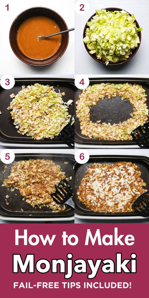 Step-by-step cooking guide showing monjayaki transformation from brown batter and shredded cabbage to crispy Japanese street food with melted cheese Cabbage And Cheese, Japan Street Food, Japanese Street Food, Electric Griddle, Japan Trip, Japanese Cooking, Cheese Fries, Free Tips, Tempura