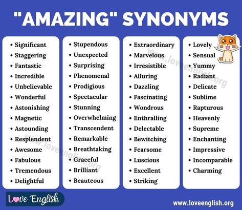 Amazing Synonyms Words, Amazing Synonyms, List Of Synonyms, Another Word For Amazing, Words For Amazing, Marvellous Me, English Love, Easy Jobs, Words To Use