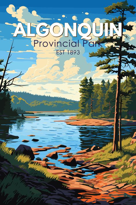 Vintage Algonquin Provincial Park poster with natural wilderness theme. Algonquin Provincial Park, National Parks America, Vintage Postcards Travel, Algonquin Park, Mammoth Lakes, Two Rivers, National Park Posters, Park Art, Rocky Mountain National Park