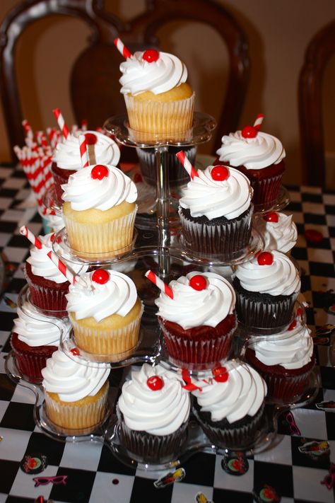 50s Theme Cupcakes, Grease Themed Party Food, 50s Graduation Party, 50s Diner Party Decorations, 50s Birthday Party Theme For Men, 50s First Birthday Party, Rockabilly Birthday Party Theme, 1950s Party Theme, 1950s Party Food