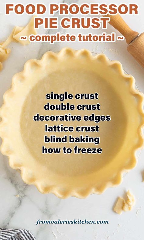 This Easy Food Processor Pie Crust recipe is a quick method that will save you precious time and effort during the holiday baking season. This tried and true method results in a perfect flaky pie crust every time! This tutorial covers everything from making and shaping pie crust, blind baking, freezing, and creating a pretty lattice crust. You'll want to bookmark this post so you can easily find it each holiday! No Fuss Pie Crust 12 Tomatoes, Pie Crust In Food Processor, Quick Pie Crust Recipe, Potpie Crust Recipe, Single Pie Crust Recipe, Crisco Pie Crust Recipe, Basic Pie Crust Recipe, Food Processor Pie Crust, Easy Pie Crust Recipe