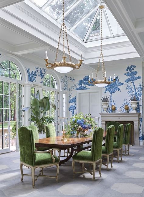 The Blue and White Dining Room Blue White Dining Room, Blue And White Dining Room, Lattice Wall, Green Dining Room, Dining Room Blue, White Light Bulbs, Charleston Homes, White Dining Room, Chinoiserie Chic