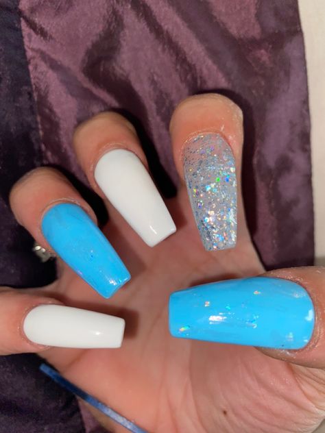 Blue White And Glitter Nails, White Glitter Nails Acrylic, White And Glitter Nails, Nails Acrylic Long, Ocean Blue Nails, White With Glitter, French Tip Gel Nails, Blue Glitter Nails, Glitter Nails Acrylic