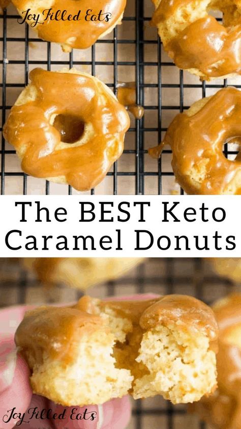 Mini Brown Butter Caramel Donuts - Keto, Low Carb, Gluten-Free, Grain-Free, Sugar-Free, THM S - These Mini Brown Butter Caramel Donuts are the perfect addition to your brunch. The donuts are light and moist and the browned butter caramel topping is rich and sweet with a hint of salt. #lowcarb #lowcarbrecipes #lowcarbdiet #keto #ketorecipes #ketodiet #thm #trimhealthymama #glutenfree #grainfree #glutenfreerecipes #recipes #desserts #dessertrecipes #ketodessert #lowcarbdessert #brunch #donuts Keto Stew, Brown Butter Caramel, Low Carb Donut, Keto Caramel, 90 Second Keto Bread, Keto Donuts, Butter Caramel, Joy Filled Eats, Keto Friendly Desserts