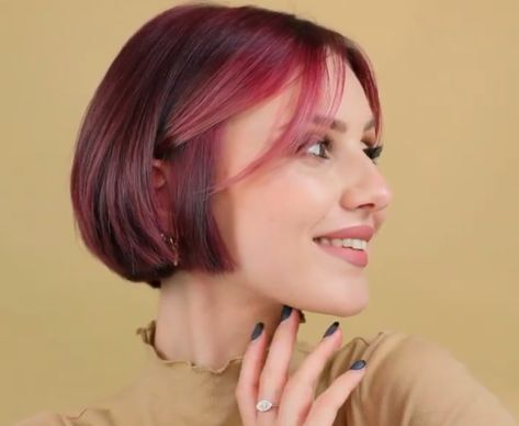 Raspberry Hair Color Short, Sharp Bob Haircut, Magenta Hair Short, Plum Bob Hair, Pink Hair Bob, Short Magenta Hair, Stella Cini Bob, Dark Red Hair Color Short Bob Hairstyles, Red Pixie Haircut