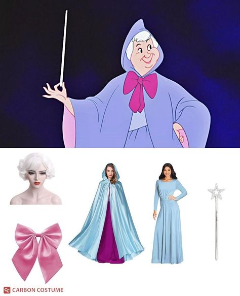 The Fairy Godmother is a character in the Disney animated film, Cinderella. She takes the form of a benevolent older lady. She appears to Cinderella after the evil stepsisters rip apart her dress. Upon hearing she can't attend the ball, the Fairy Godmother works her magic. With a wave of her wand and the phrase "Bibbidi Bobbidi Boo," she transforms a pumpkin into a carriage, mice into horses, and the rags into a beautiful ballgown. However she warns Cinderella that the magic will wear off at mid Fairy Godmother Costume Diy, Cinderella Fairy Godmother Costume, Evil Stepsisters, Godmother Costume, Fairy Godmother Costume, Beautiful Ballgown, Cinderella Fairy Godmother, Cinderella Birthday Party, Bibbidi Bobbidi Boo