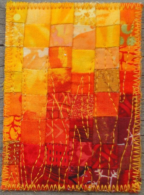 ATC - fire by tubakk-quilt, via Flickr Dnd Diy, Textile Art Techniques, Sky Quilt, Art Trading Cards, Textile Projects, Quilt Art, Paper Piecing Quilts, Small Quilts, On Fire