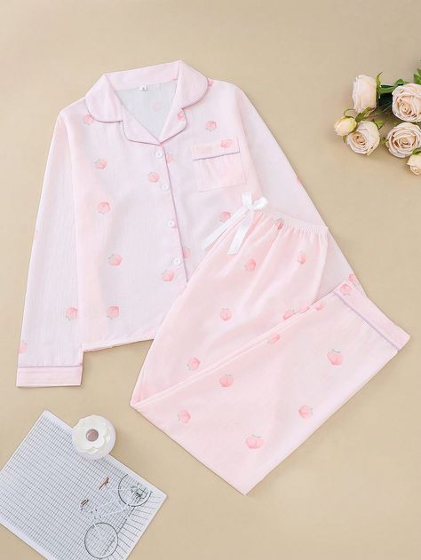 2pcs Minimalist Cartoon Peach Print Women Lounge Set, Long Sleeve Collar Cardigan Top And Loose Drawstring Pants With Bow, Casual Pajamas And Homewear For Women, Suitable For All Seasons Pink Cute    Geometric,All Over Print Pant Sets Non-Stretch All Women Sleep & Lounge, size features are:Bust: ,Length: ,Sleeve Length: Cartoon Peach, Pants With Bow, Minimalist Cartoon, Cute Korean Outfits, Casual Pajamas, Peach Print, Cute Pajamas, Collar Cardigan, Cardigan Top